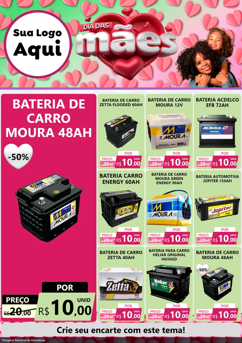 Modelo de Encarte para Encarte A4 Vertical com o tema Dia das Mães para Baterias Elétricas