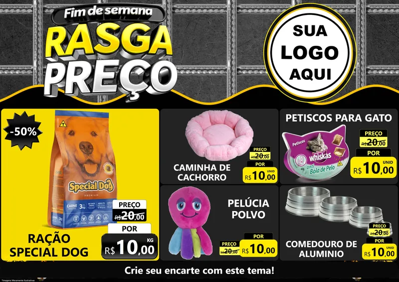 Modelo de Encarte para Encarte A4 Horizontal com o tema Fim de Semana Rasga Preço para Pet Shop
