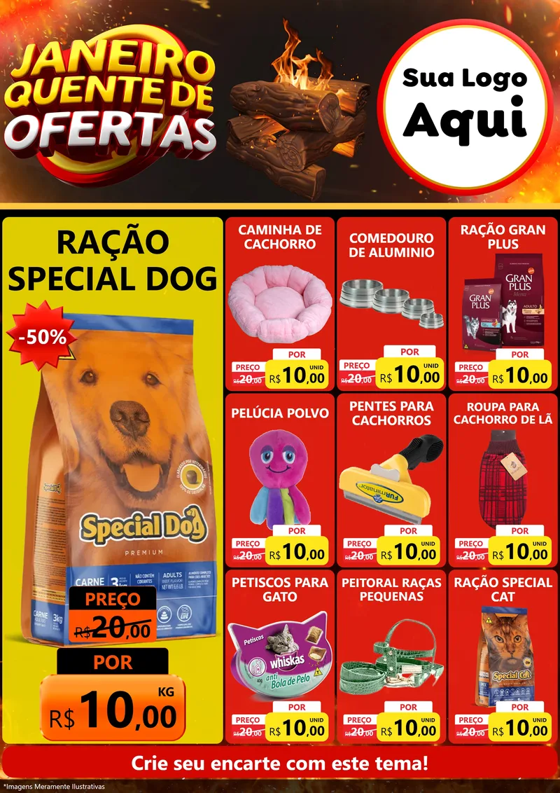 Modelo de Encarte para Encarte A4 Vertical com o tema Janeiro Quente de Ofertas para Pet Shop