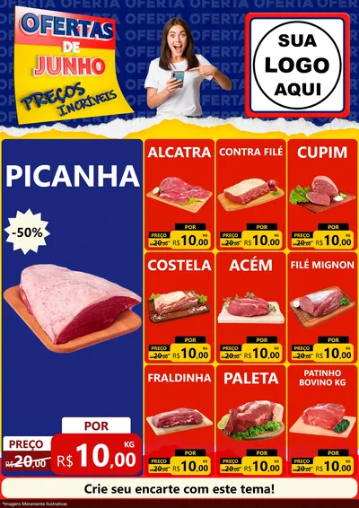 Modelo de Encarte para Encarte A4 Vertical com o tema Ofertas de Junho - Preços Incríveis para Açougue
