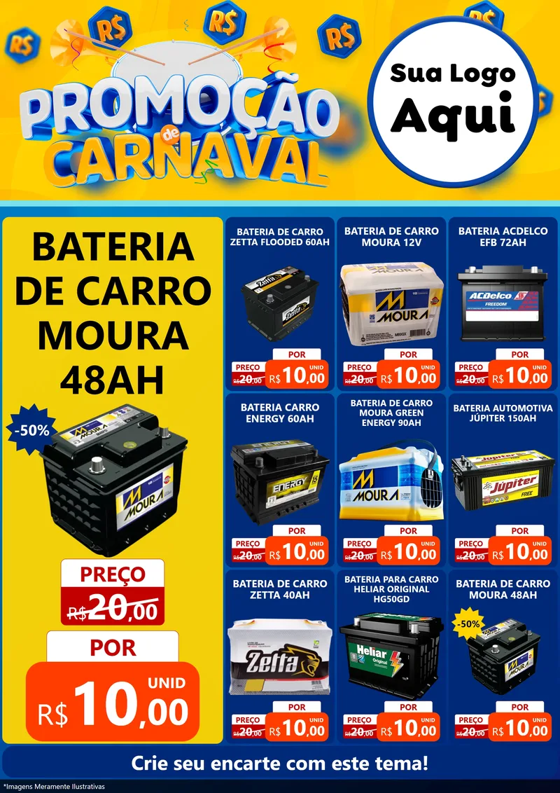 Modelo de Encarte para Encarte A4 Vertical com o tema Promoção de Carnaval para Baterias Elétricas