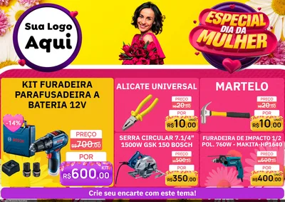 Modelo de Encarte para Encarte A4 Horizontal com o tema Especial Dia da Mulher para Maquinas e Ferramentas
