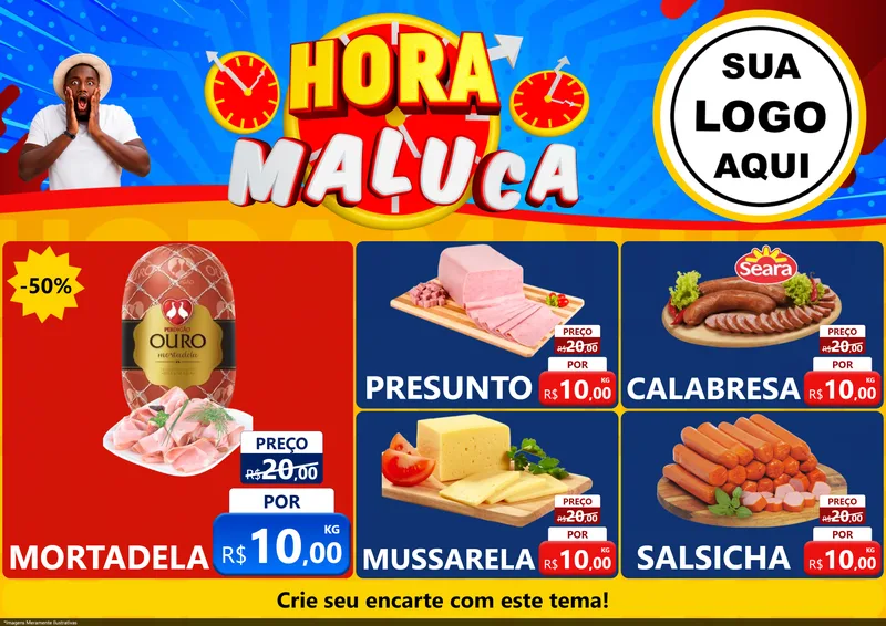 Modelo de Encarte para Encarte A4 Horizontal com o tema Hora Maluca para Frios e Laticínios