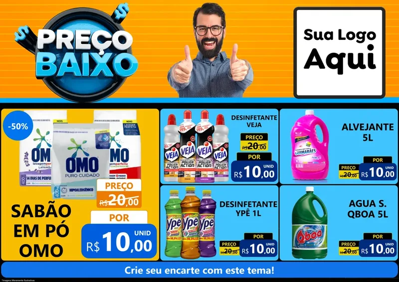 Modelo de Encarte para Encarte A4 Horizontal com o tema Preço Baixo para Produtos de Limpeza