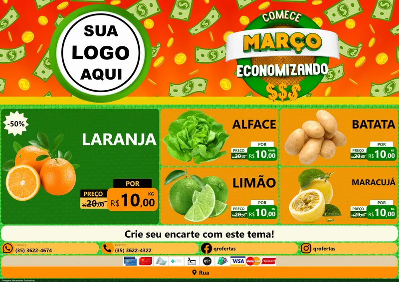 Modelo de Encarte para Encarte A4 Horizontal com o tema Comece Março Economizando para Hortifrúti