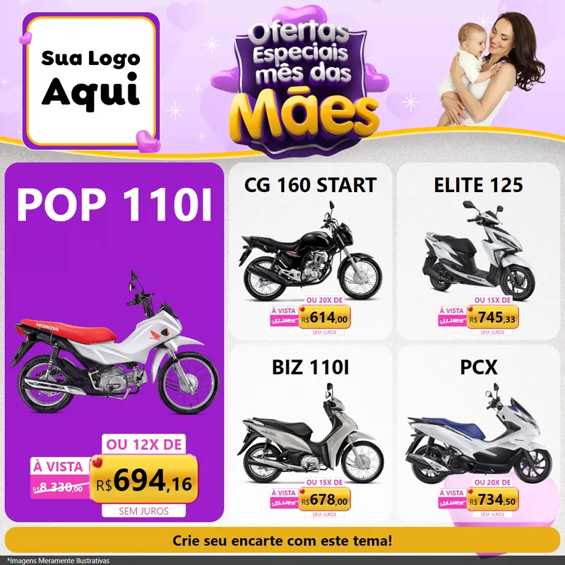 Modelo de Rede Social para Feed Facebook com o tema Ofertas Especiais - Mês das Mães para Concessionaria de Motos