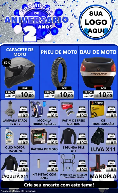 Modelo de Encarte para Encarte Grande com o tema Promoção de Aniversário - 2 Anos para Moto peças