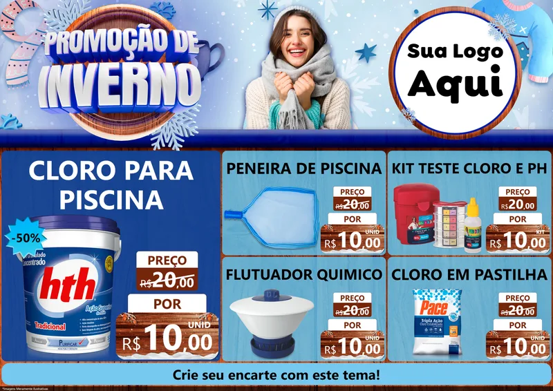 Modelo de Encarte para Encarte A4 Horizontal com o tema Promoção de Inverno para Produtos para Piscina