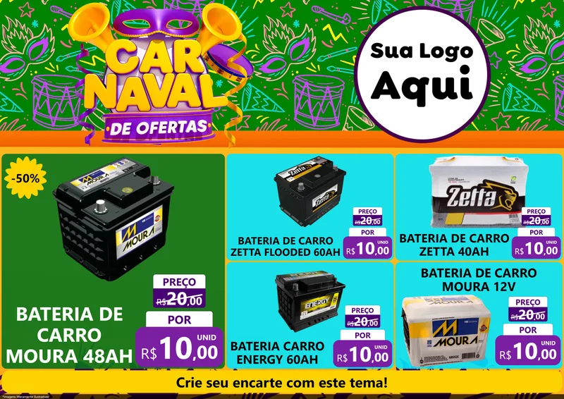 Modelo de Encarte para Encarte A4 Horizontal com o tema Carnaval de Ofertas para Baterias Elétricas