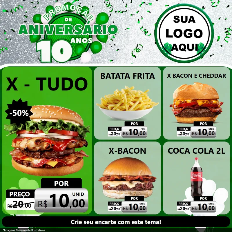 Modelo de Rede Social para Feed Facebook com o tema Promoção de Aniversário - 10 Anos para Hamburgueria