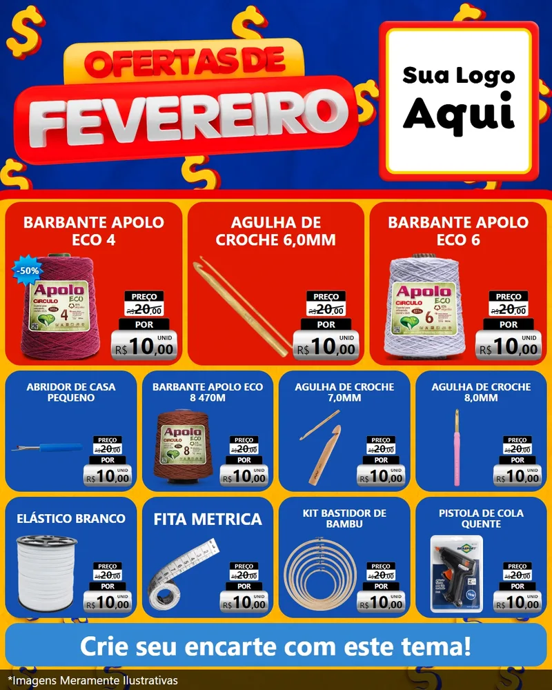 Modelo de Rede Social para Feed Instagram com o tema Ofertas de Fevereiro para Armarinho e Aviamentos