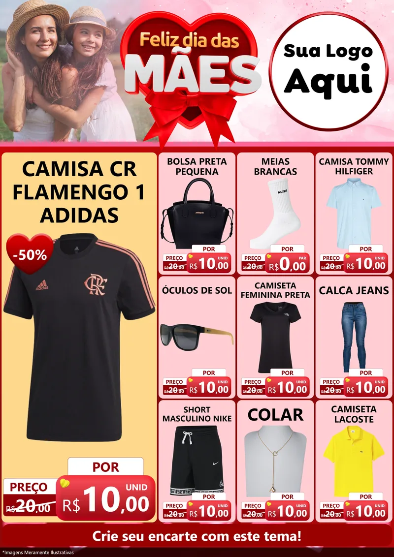 Modelo de Encarte para Encarte A4 Vertical com o tema Feliz Dia Das Mães para Roupas e acessórios