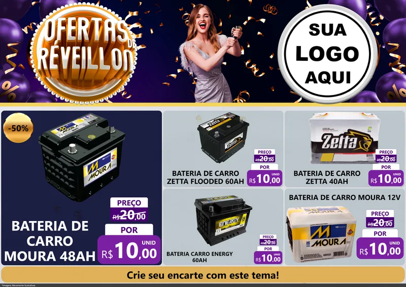 Modelo de Encarte para Encarte A4 Horizontal com o tema Ofertas de Réveillon para Baterias Elétricas