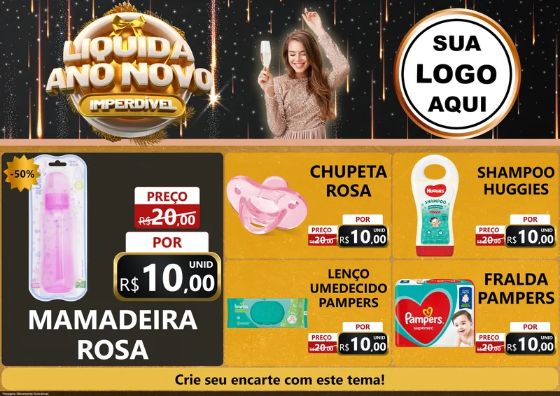 Modelo de Encarte para Encarte A4 Horizontal com o tema Liquida Ano Novo Imperdível para Bebês