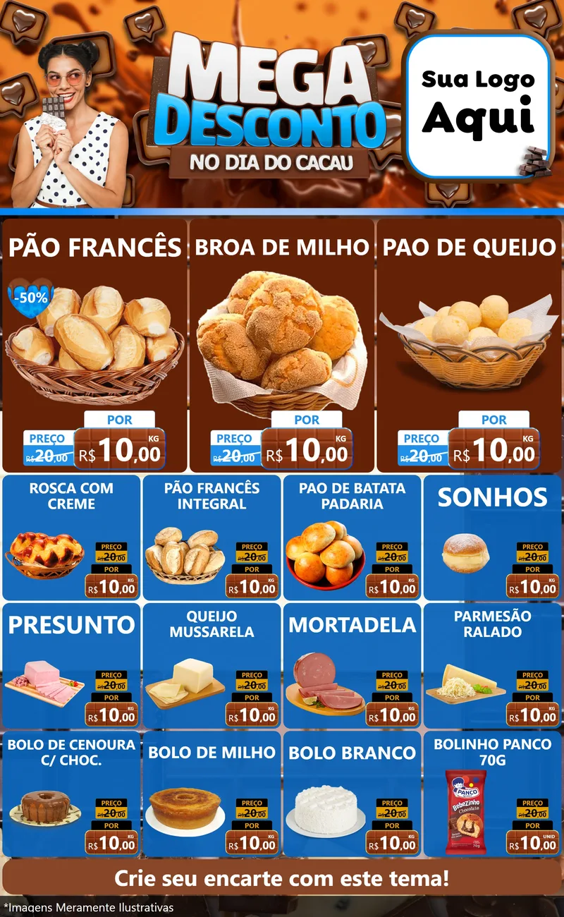 Modelo de Encarte para Encarte Grande com o tema Mega Desconto no Dia do Cacau para Padaria