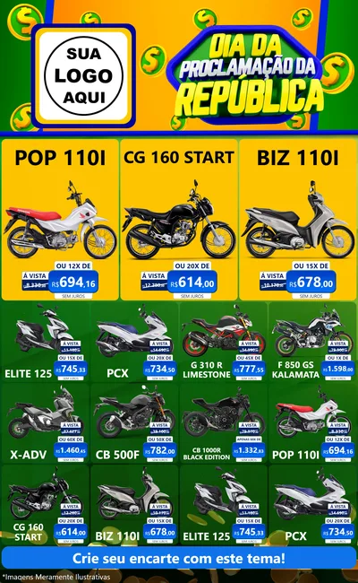 Modelo de Encarte para Encarte Grande com o tema Dia Da Proclamação da República para Concessionaria de Motos
