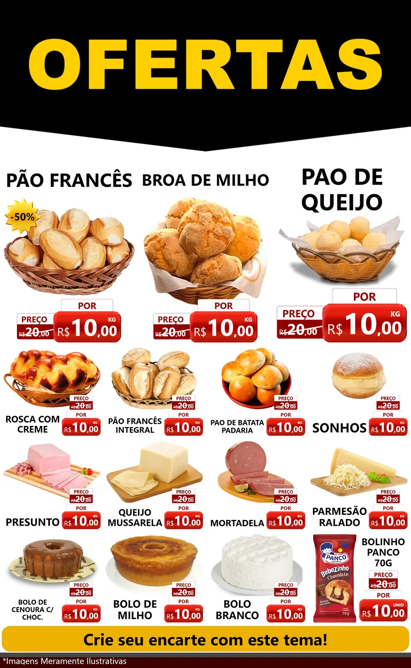 Modelo de Encarte para Encarte Grande com o tema Ofertas Preto e Vermelho Cartaz para Padaria