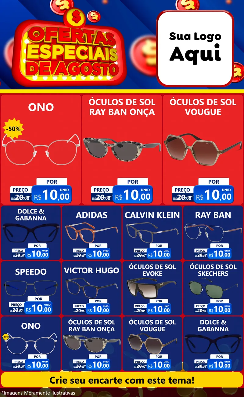 Modelo de Encarte para Encarte Grande com o tema Ofertas Especiais de Agosto para Óticas