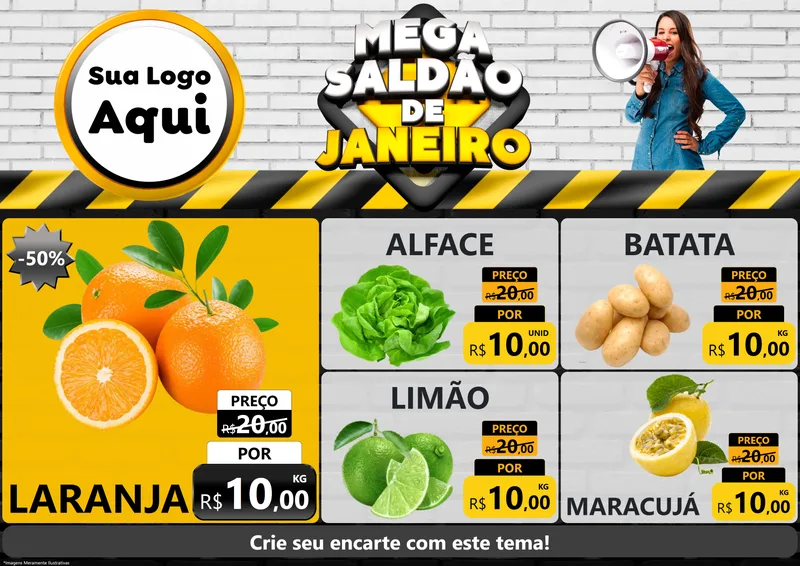 Modelo de Encarte para Encarte A4 Horizontal com o tema Mega Saldão de Janeiro para Hortifrúti