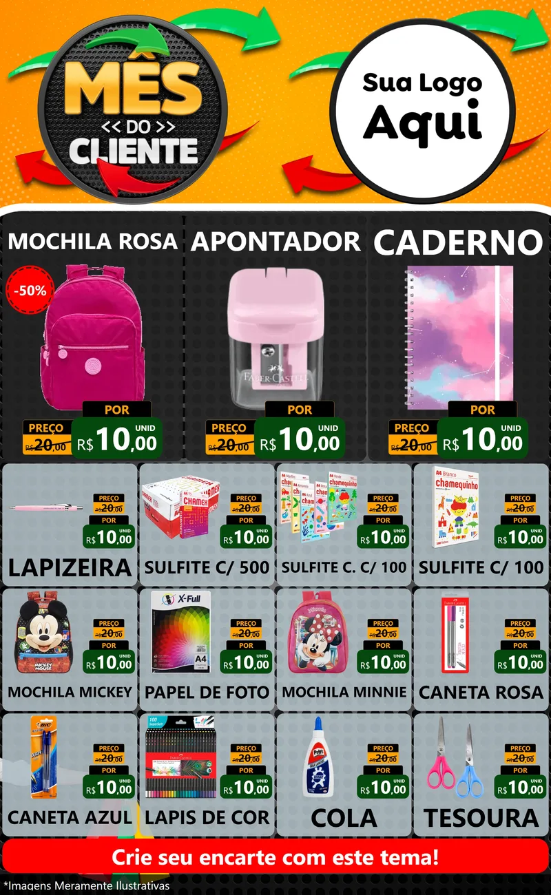 Modelo de Encarte para Encarte Grande com o tema Mês do Cliente para Papelaria