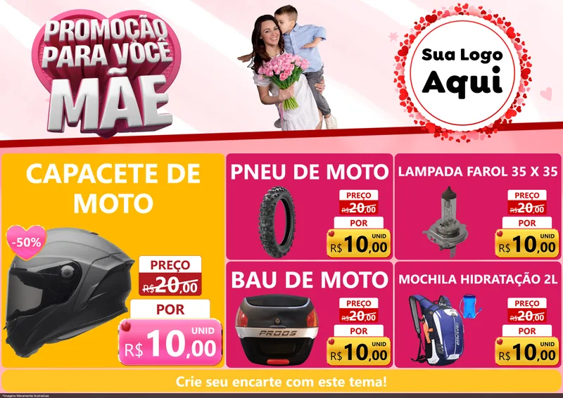 Modelo de Encarte para Encarte A4 Horizontal com o tema Promoção Para Você Mãe para Moto peças