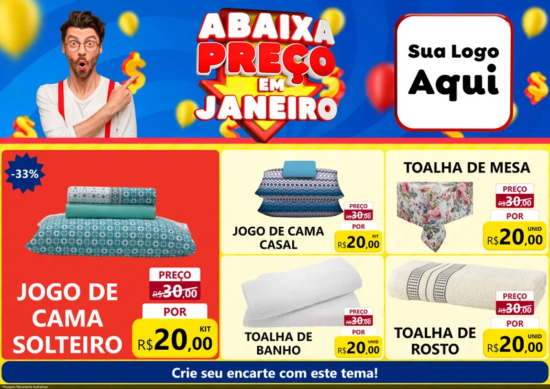 Modelo de Encarte para Encarte A4 Horizontal com o tema Abaixa Preço em Janeiro para Cama, Mesa e Banho