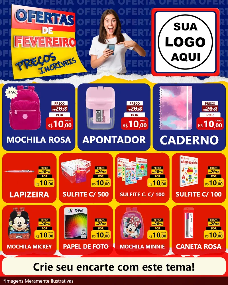 Modelo de Rede Social para Feed Instagram com o tema Ofertas de Fevereiro - Preços Incríveis para Papelaria