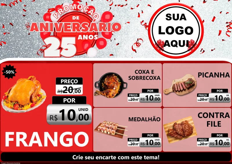 Modelo de Encarte para Encarte A4 Horizontal com o tema Promoção de Aniversário - 25Anos para Assados