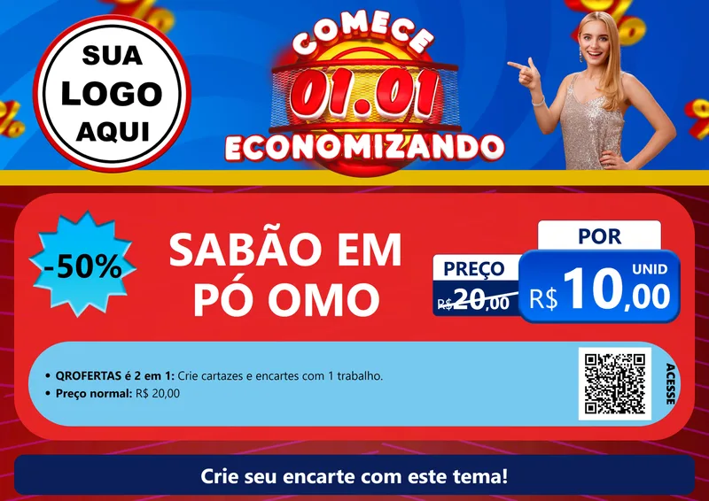 Modelo de Cartaz para Cartaz A4 Horizontal com o tema Comece 1º de Janeiro Economizando para Produtos de Limpeza