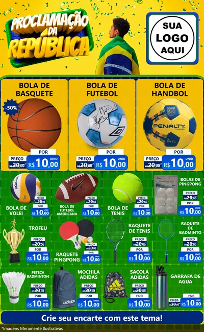 Modelo de Encarte para Encarte Grande com o tema Proclamação da República para Artigos Esportivos