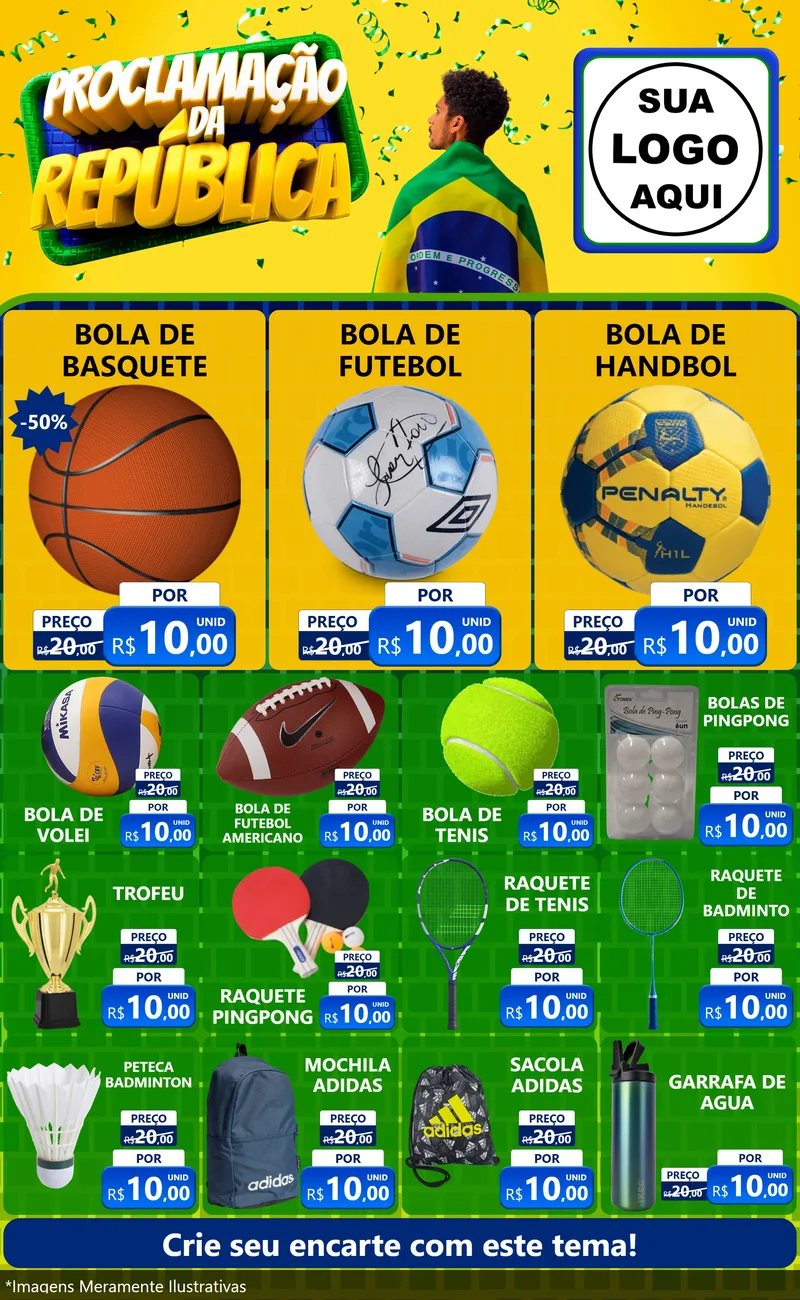 Modelo de Encarte para Encarte Grande com o tema Proclamação da República para Artigos Esportivos