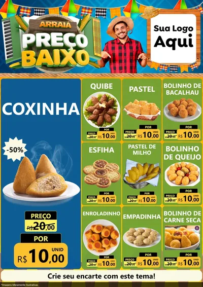 Modelo de Encarte para Encarte A4 Vertical com o tema Arraiá de Preço Baixo - Junina para Salgadaria