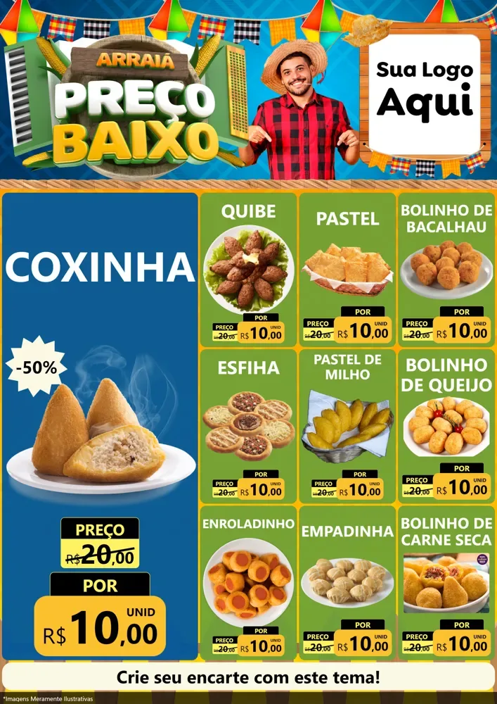 Modelo de Encarte para Encarte A4 Vertical com o tema Arraiá de Preço Baixo - Junina para Salgadaria