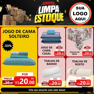 Modelo de Rede Social para Feed Facebook com o tema Operação Limpa Estoque para Cama, Mesa e Banho