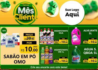 Modelo de Encarte para Encarte A4 Horizontal com o tema Especial Mês do Cliente para Produtos de Limpeza