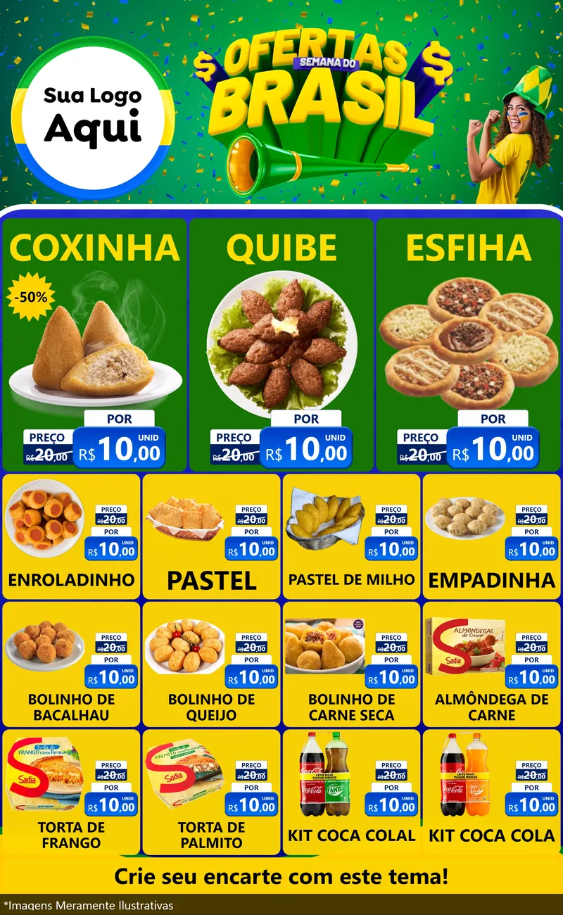 Modelo de Encarte para Encarte Grande com o tema Ofertas Semana do Brasil para Salgadaria