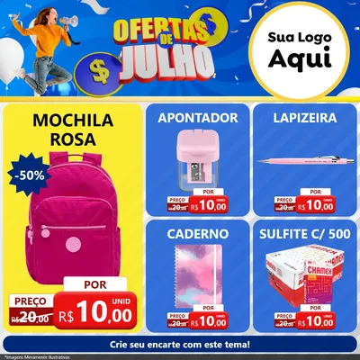 Modelo de Rede Social para Feed Facebook com o tema Ofertas de Julho para Papelaria
