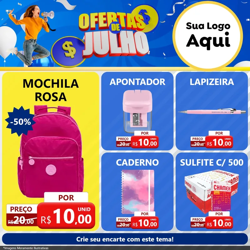 Modelo de Rede Social para Feed Facebook com o tema Ofertas de Julho para Papelaria