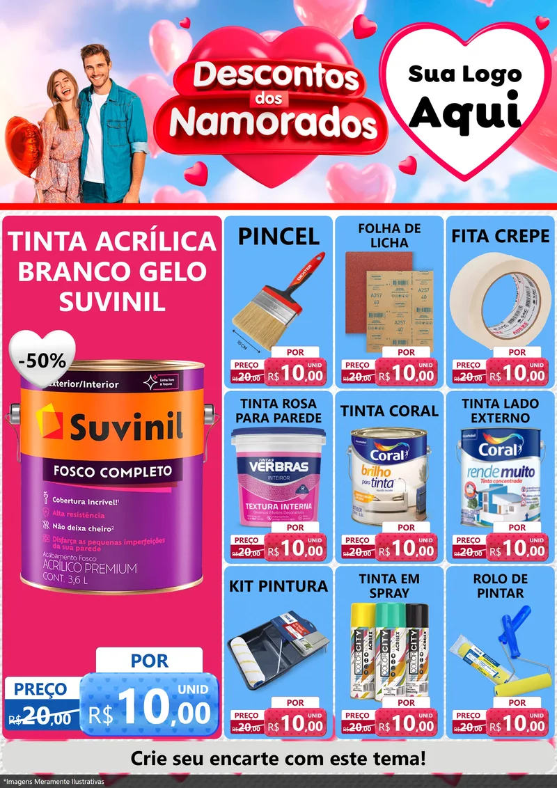 Modelo de Encarte para Encarte A4 Vertical com o tema Descontos dos Namorados para Tintas e Ferramentas