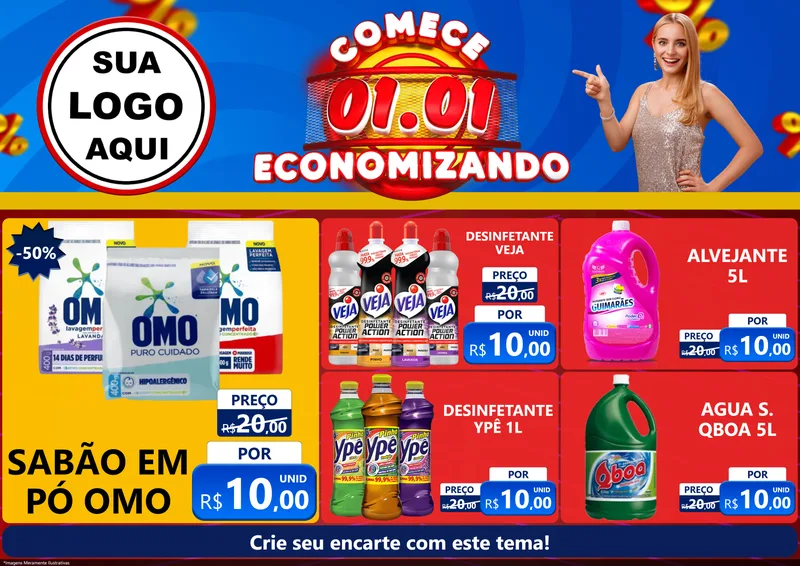 Modelo de Encarte para Encarte A4 Horizontal com o tema Comece 1º de Janeiro Economizando para Produtos de Limpeza