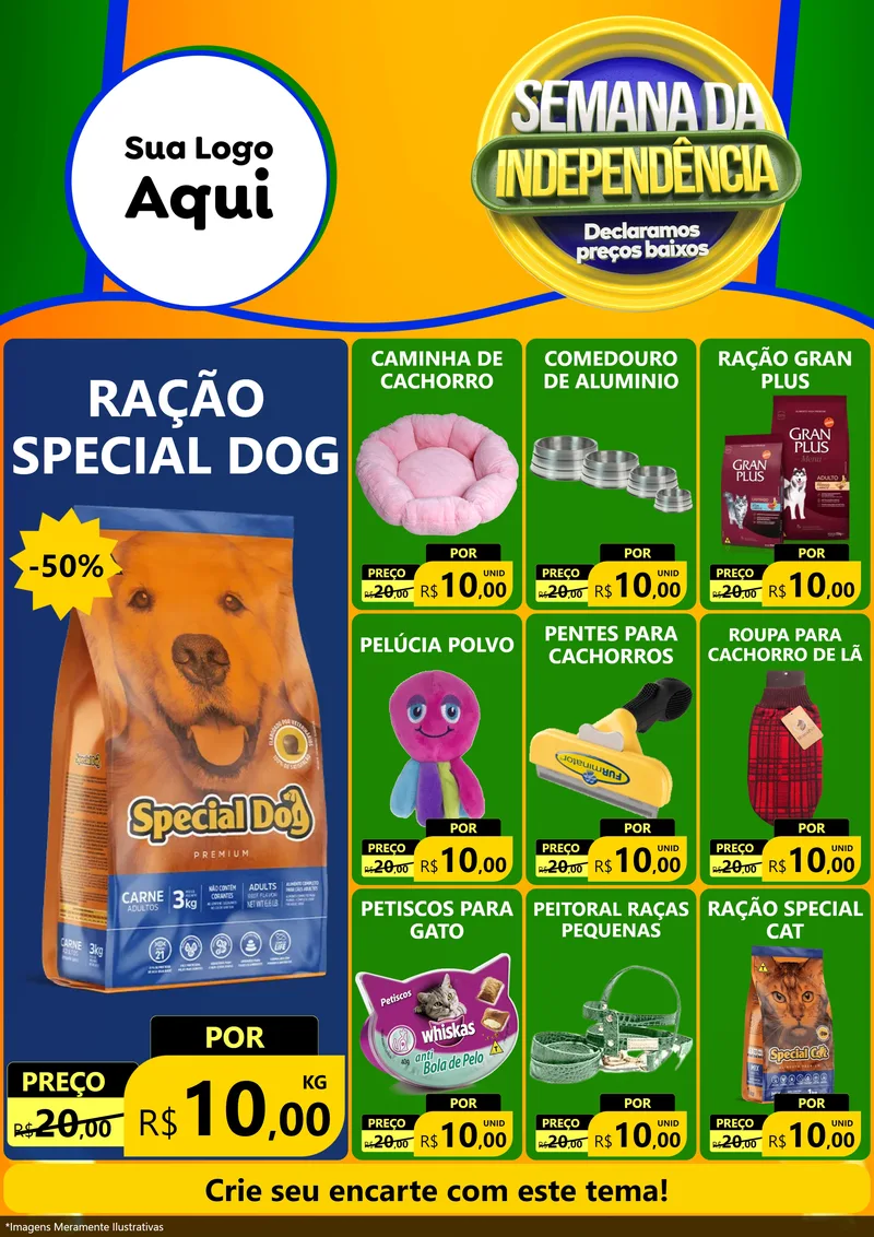 Modelo de Encarte para Encarte A4 Vertical com o tema Semana da Independência Declaramos Preços Baixos para Pet Shop