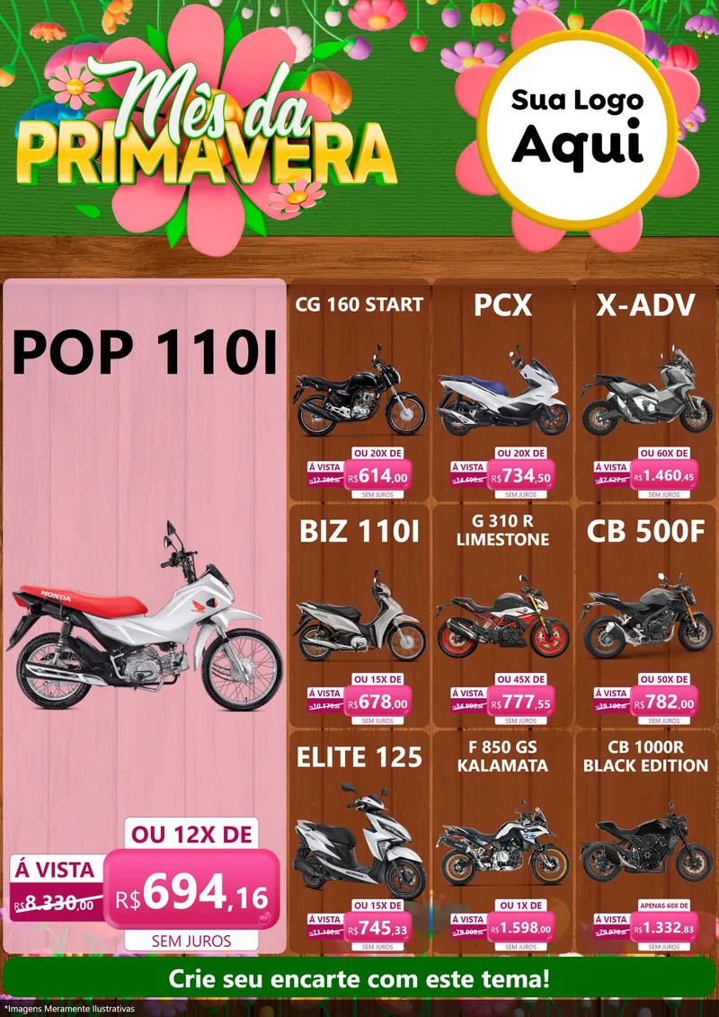 Modelo de Encarte para Encarte A4 Vertical com o tema Mês da Primavera para Concessionaria de Motos