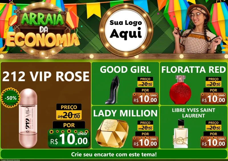 Modelo de Encarte para Encarte A4 Horizontal com o tema Arraiá de Economia para Perfumes