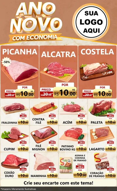 Modelo de Encarte para Encarte Grande com o tema Ano Novo Com Economia para Açougue