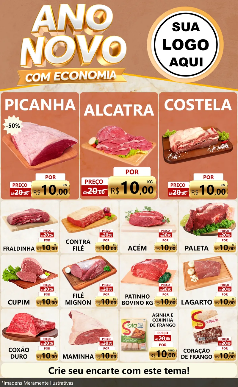 Modelo de Encarte para Encarte Grande com o tema Ano Novo Com Economia para Açougue