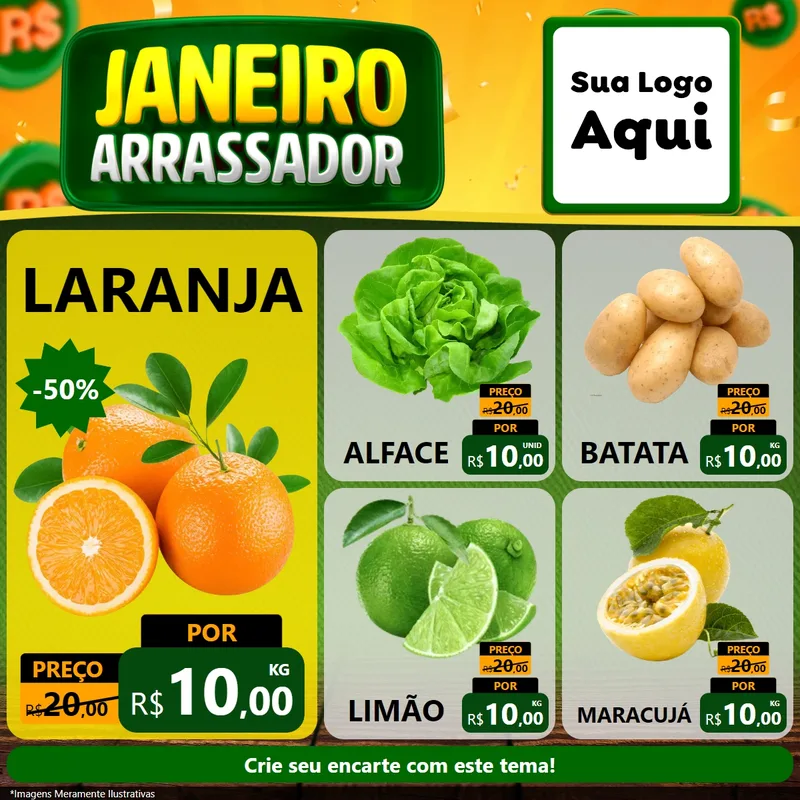 Modelo de Rede Social para Feed Facebook com o tema Janeiro Arrasador para Hortifrúti
