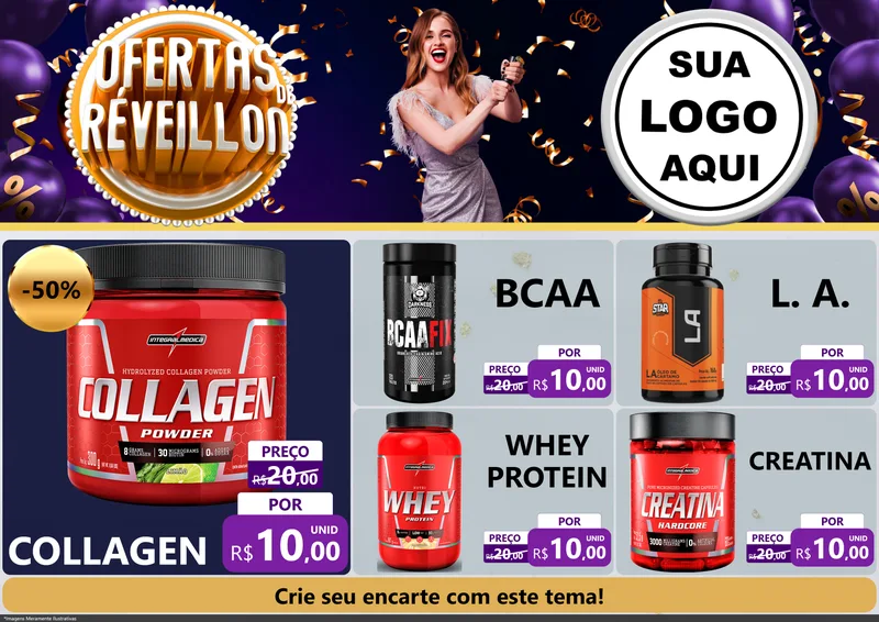 Modelo de Encarte para Encarte A4 Horizontal com o tema Ofertas de Réveillon para Suplementos alimentares