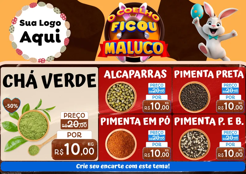Modelo de Encarte para Encarte A4 Horizontal com o tema O Coelho Ficou Maluco - Páscoa para Produtos Naturais