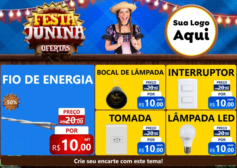 Modelo de Encarte para Encarte A4 Horizontal com o tema Festa Junina Ofertas para Materiais Elétricos