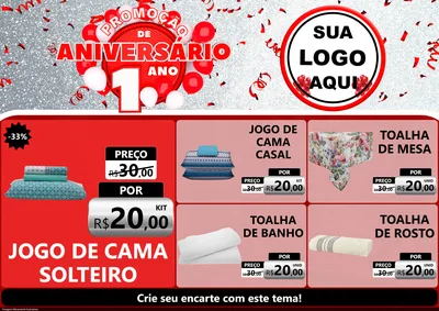 Modelo de Encarte para Encarte A4 Horizontal com o tema Promoção de Aniversário - 1 Ano para Cama, Mesa e Banho